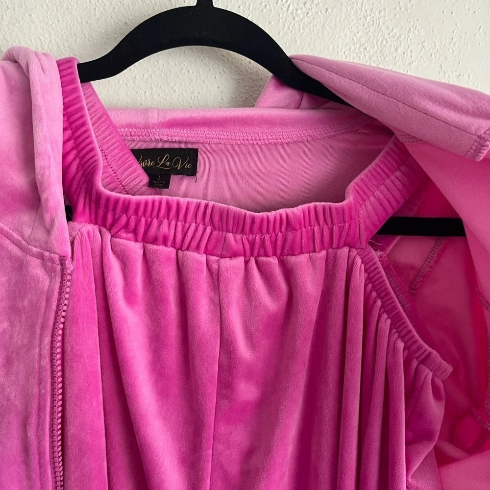 Vivre La Vie Velvet Pink Y2K Jogger and Crop Hooded Sweatshirt Set, Size L
